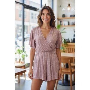 Ces Femme Pink Floral Print Romper Women's Size Large Short‎ Sleeve V Neck